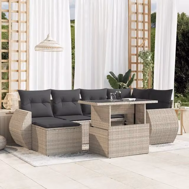 Set Divani da Giardino 7pz con Cuscini Grigio Chiaro Polyrattan 3268682