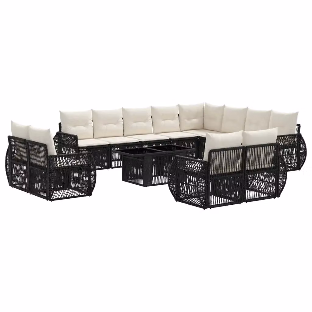 Set Divano da Giardino vidaXL a forma a U in Polyrattan con Tavolino da Caffè e Cuscini, Nero e Bianco Crema – 2