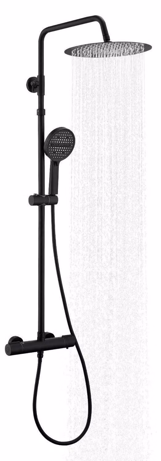 Sistema doccia con termostato, colore nero, diametro 300 mm. Set doccia a pioggia, forma circolare, diametro 30 cm