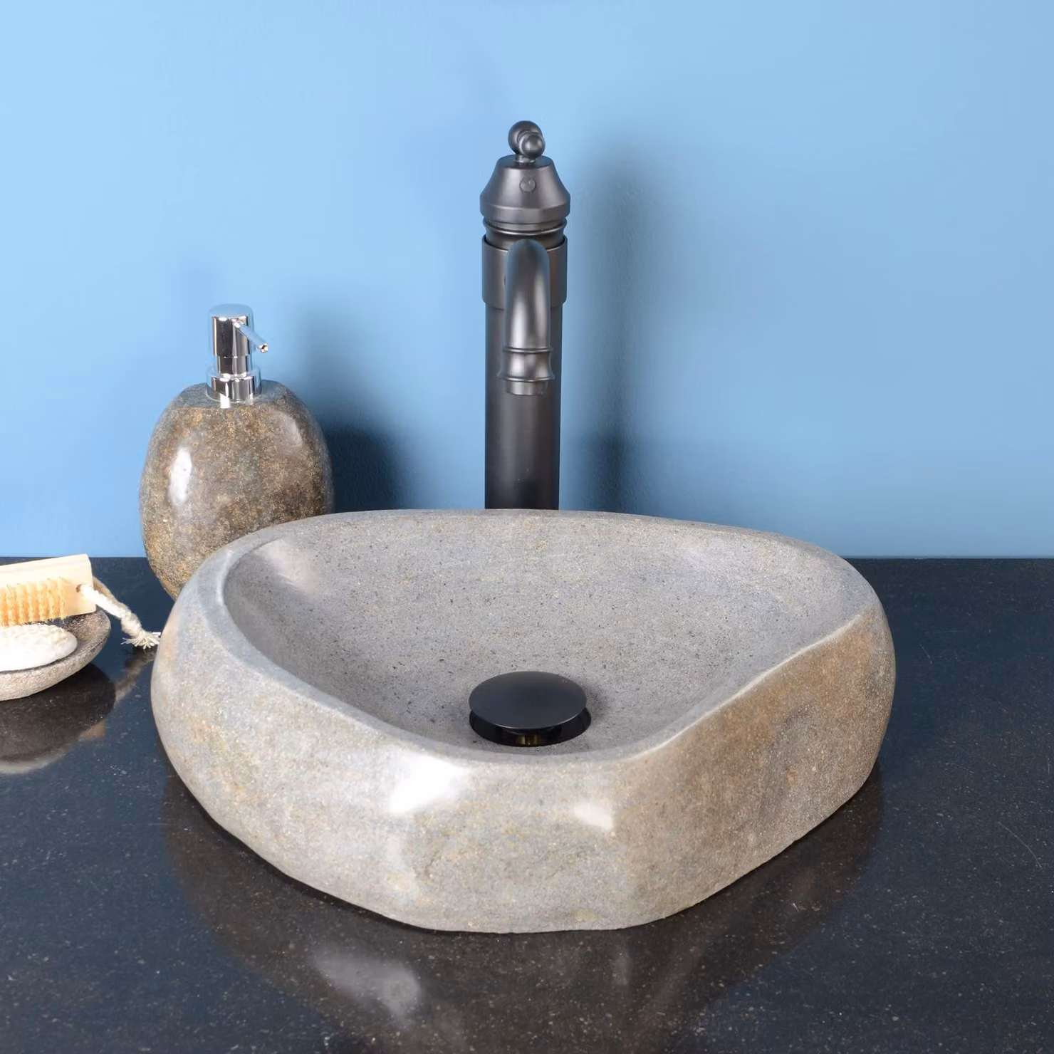 Lavabo in pietra naturale - Granito grigio "onda" - Diametro circa 40 cm