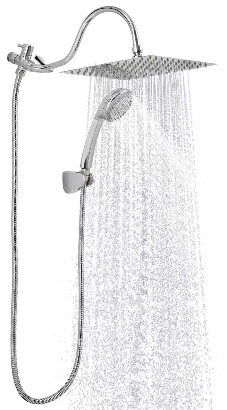 Set per doccia - Sistema doccia con doccetta manuale - Pioggia doccia da 30 cm - 10 tipi di getto ad alta pressione - Ideale per bassa pressione dell'acqua - Braccio doccia curvo - Acciaio inossidabile 304 - Cromato