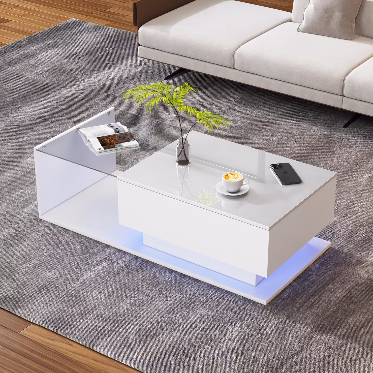 Tavolino bianco, con piano in vetro, illuminazione LED, 1 cassetto, resistente ai graffi