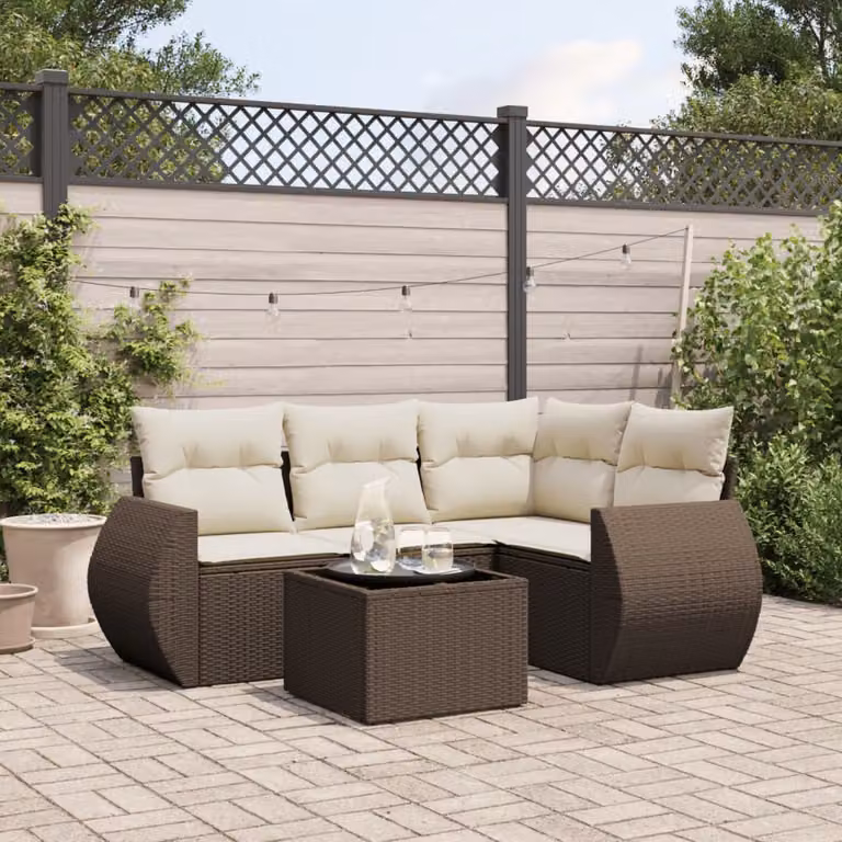 vidaXL Set Divano da Giardino 5 pz a Forma a L in Polyrattan Marrone con Cuscini Imbottiti e Tavolino