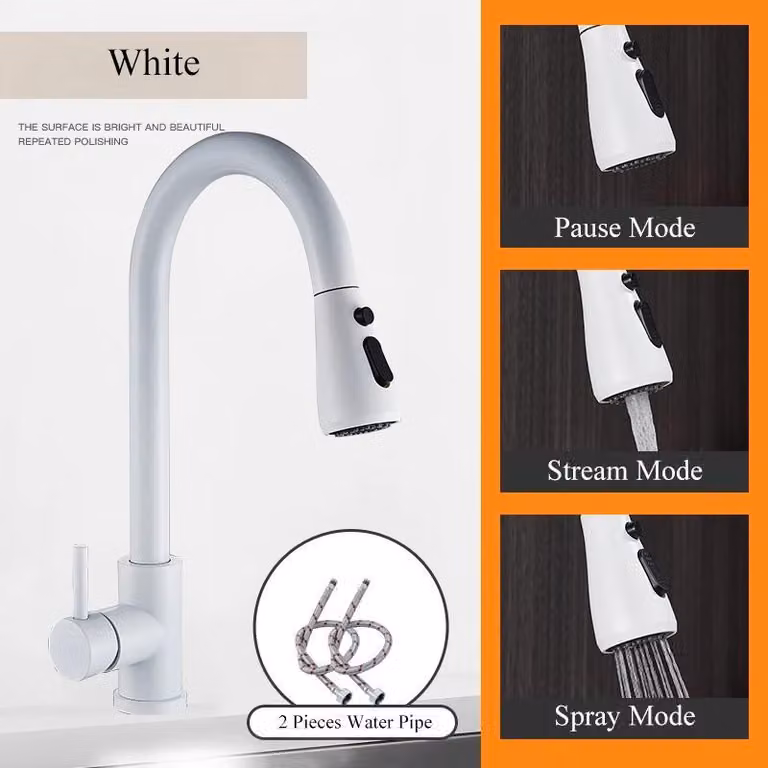 Miscelatore per cucina – Miscelatore estraibile per lavello – Rotazione a 360° – Acqua calda e fredda – Monocomando, installazione con un foro – Ottone con cartuccia in Vetroceramica – Bianco