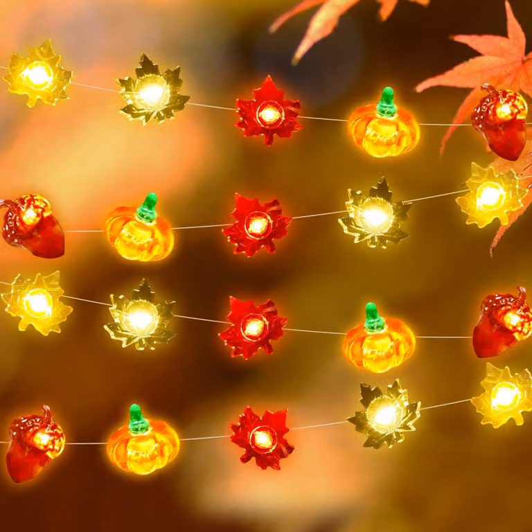 Catena luminosa da 3 metri, con 30 LED a forma di foglie di acero, luce bianco caldo, 8 modalità