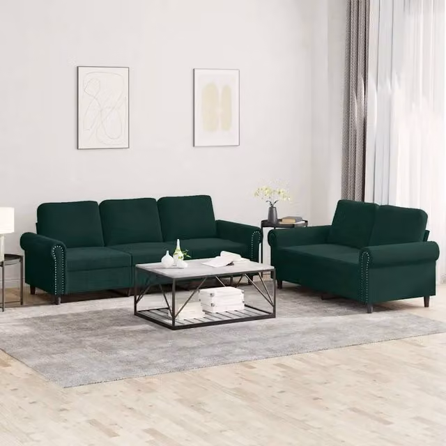 Set di divani vidaXL in velluto verde composto da un divano a 2 posti e un divano a 3 posti con cuscini coordinati