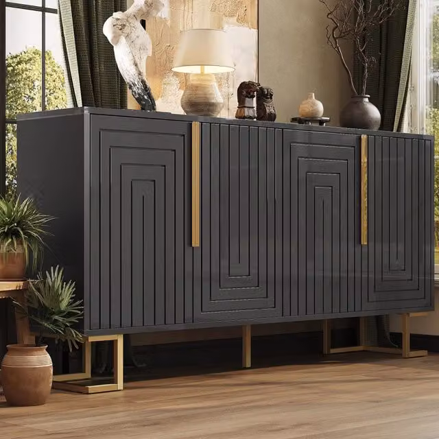 Sideboard moderno REDOM in MDF nero e oro con design geometrico L: 152 cm, P: 40 cm, H: 75 cm