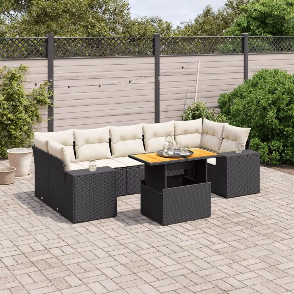 vidaXL Set Divani da Giardino a L con Cuscini 8 pz in Polyrattan Nero e Bianco – 1