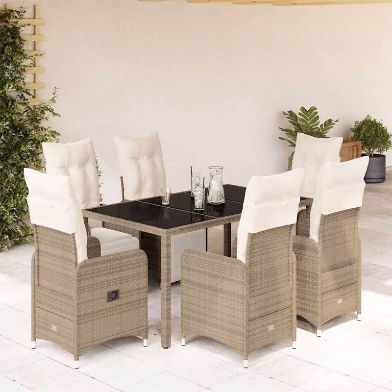 vidaXL Set Bistrò da Giardino 7 pz in Polyrattan Marrone con Cuscini e Tavolo con Piano in Vetro