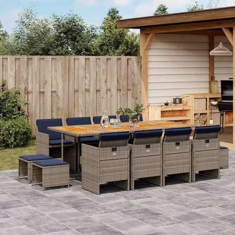 Set da pranzo da giardino vidaXL in polyrattan e legno di acacia con 13 cuscini, colore grigio, marrone o blu