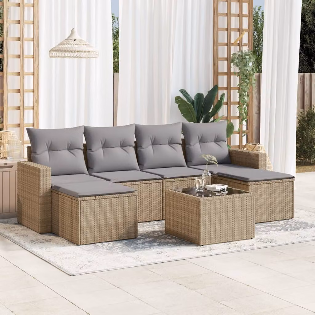 vidaXL Set Divani da Giardino 7 pz a L con Cuscini Beige in Polyrattan e Tavolino da Esterno