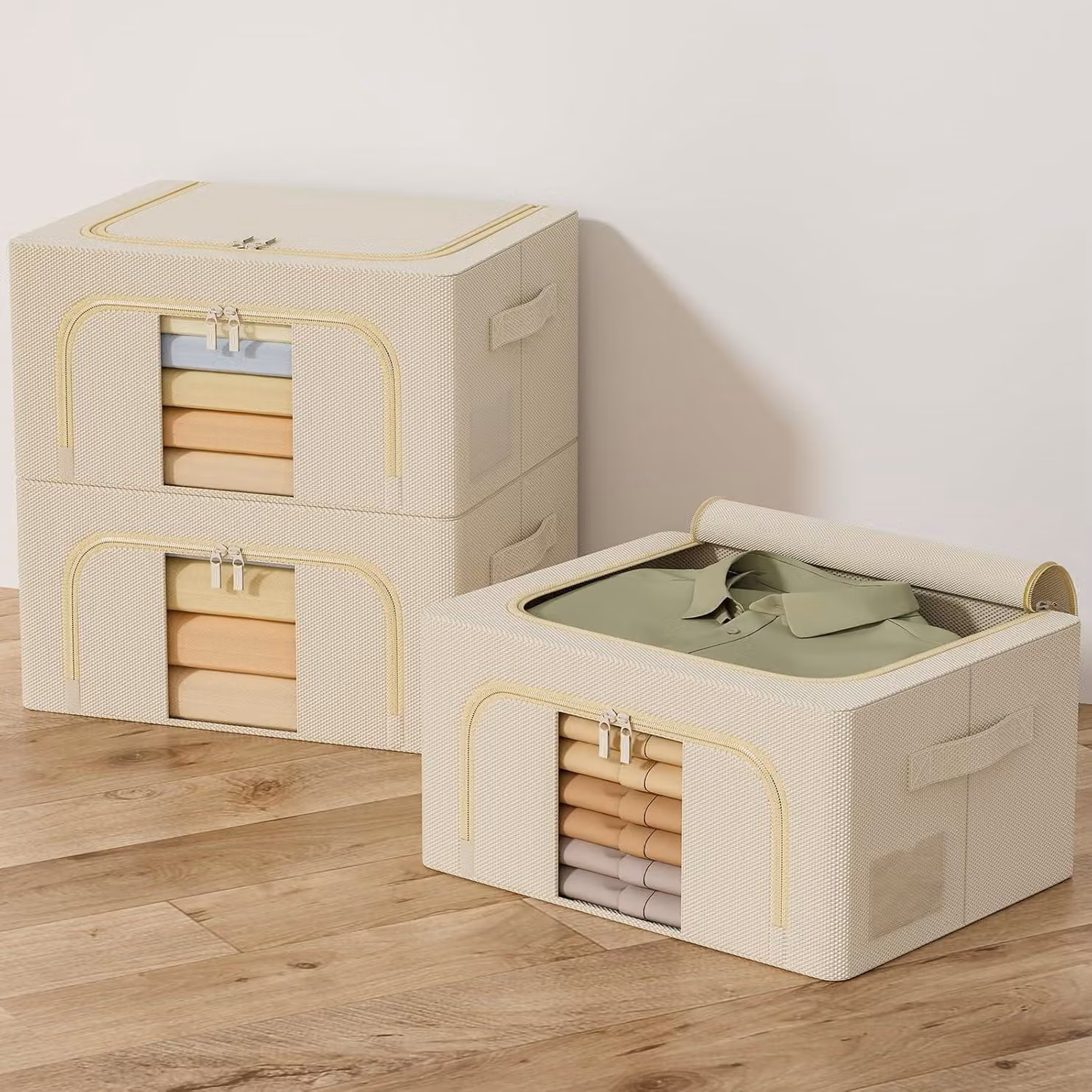 Borsa per la conservazione di abbigliamento e biancheria da letto, con struttura in metallo, confezione da 3 pezzi, capacità 24 litri, ideale per la camera da letto