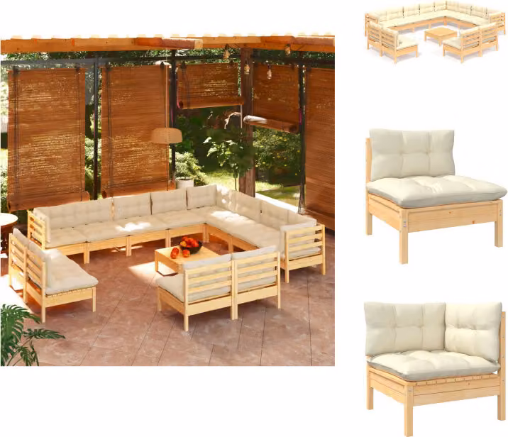 vidaXL Set di 13 pezzi per salotto da giardino con cuscini crema in legno di pino massiccio - Set di mobili da giardino