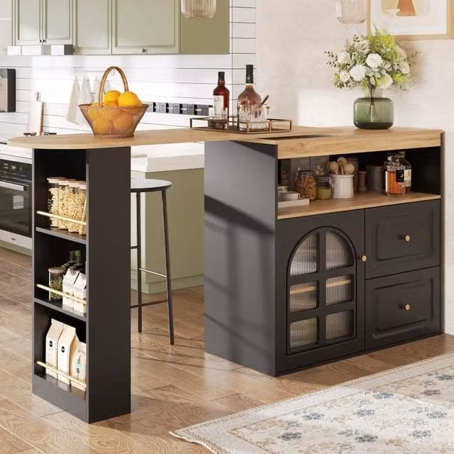 Credenza girevole 138-204x39x104 cm estensibile; con ante in vetro; in MDF nero