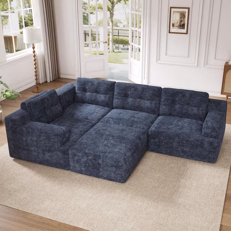 Set di divani modulari MODFU, divano angolare a forma di "U" o "L", grande divano con schienale e poggiapiedi, tessuto in chenille, colore blu