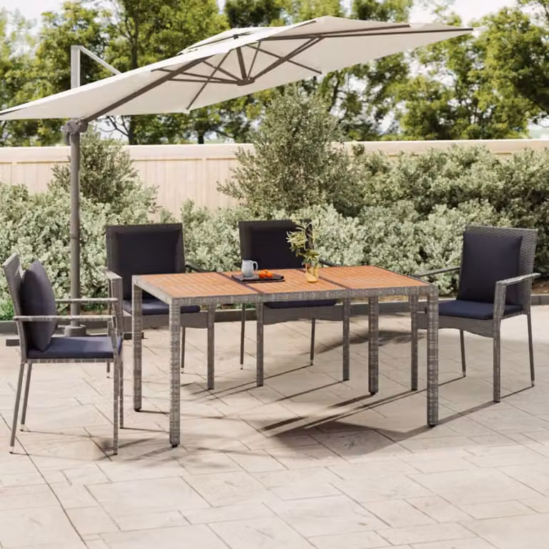 vidaXL Tavolo da giardino rettangolare in polyrattan grigio con piano in legno di acacia oliato L: 150 cm, P: 90 cm, H: 75 cm