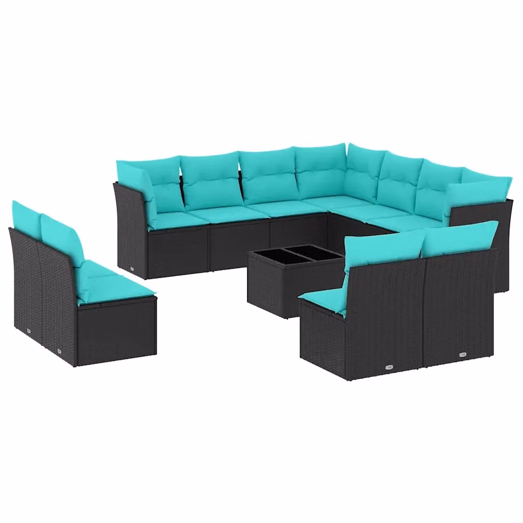 Set di divani da giardino vidaXL in polyrattan con cuscini e tavolino da esterno, nero, blu o turchese – 2