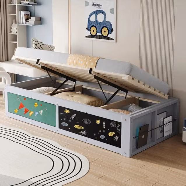 Letto per bambini 90x200 cm grigio con vano idraulico, lavagna e libreria