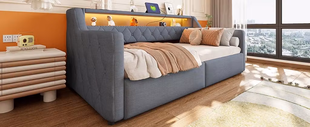Letto contenitore Mivray grigio con illuminazione LED e porte USB, rivestito in tessuto e MDF, L/P/H: 90 x 200 x 106 cm – 2