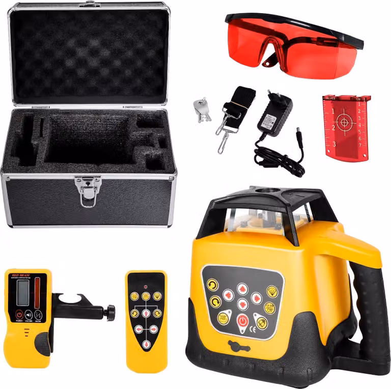Livella laser rotante - Set laser da cantiere - Con treppiede e asta di misurazione - Portata 300 m - Inclinazione regolabile - Rotazione a 360° - Angolo di scansione - Ricevitore e telecomando - Rosso