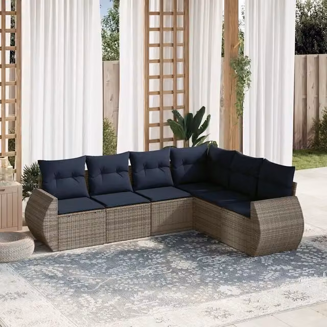 Set di divani da giardino a forma di L con 6 pezzi e cuscini vidaXL in rattan e metallo grigio e blu