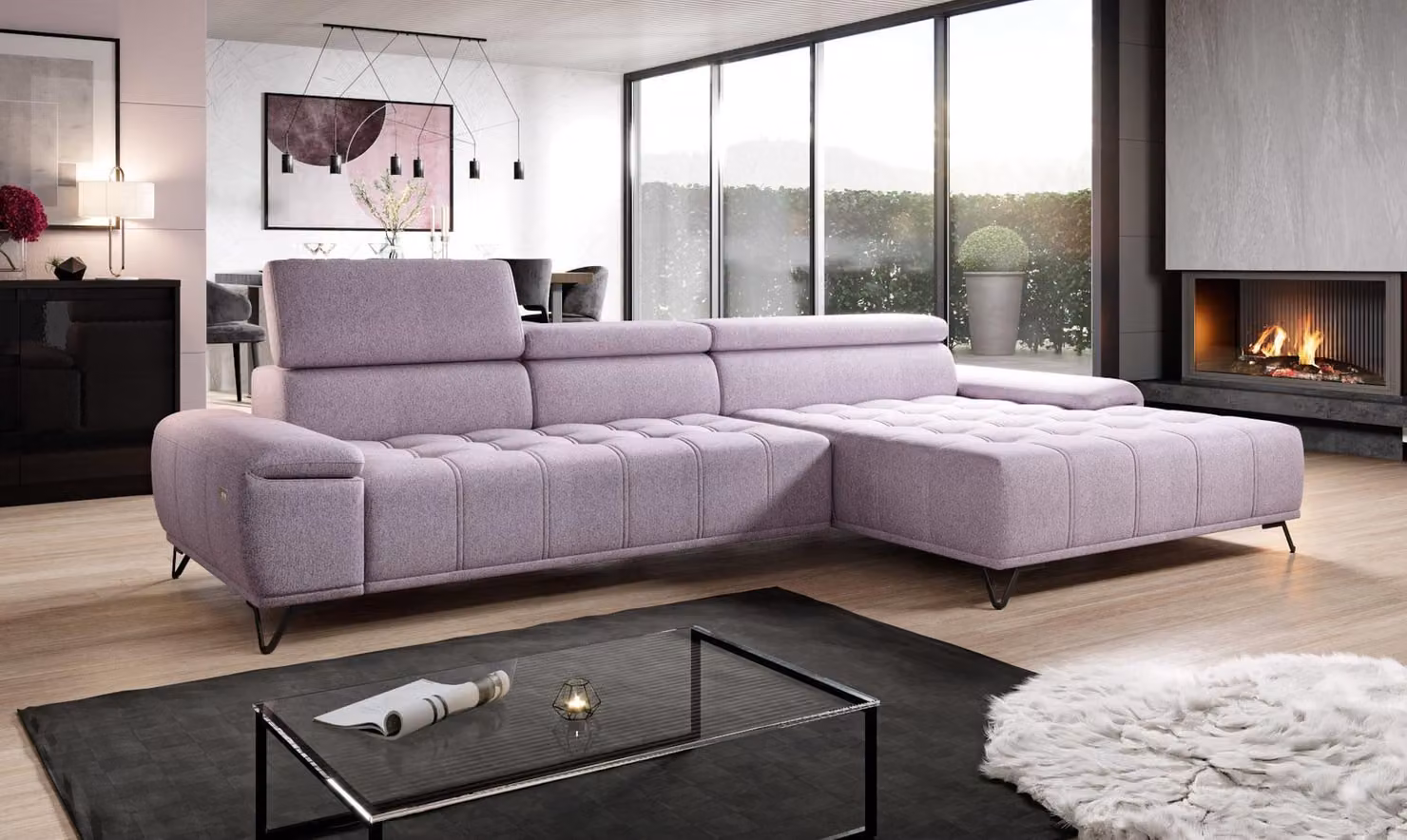 Divano ad angolo a forma di L, divano, design moderno, rivestito in tessuto