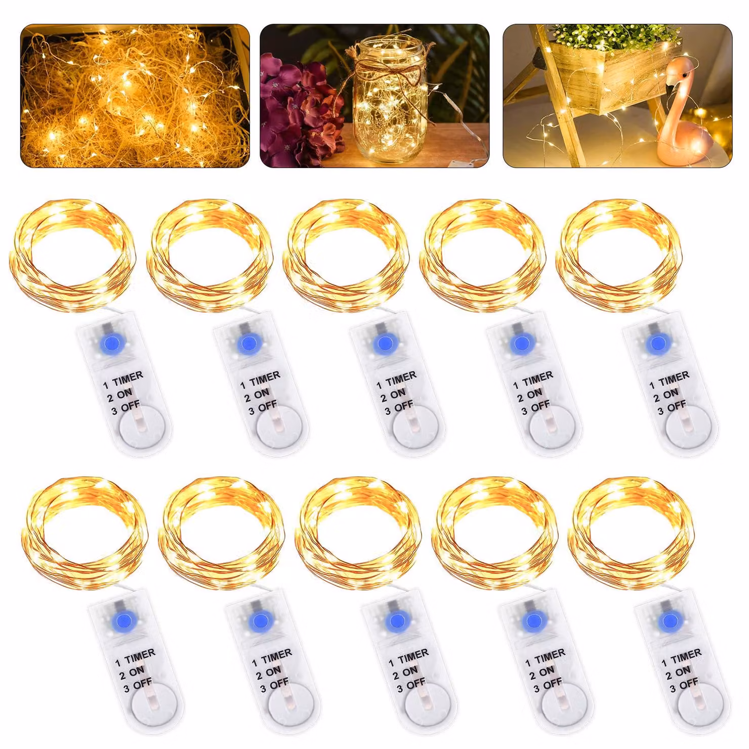 Catena luminosa a LED, set da 10, lunghezza 2 metri, 20 LED, luce bianco caldo, alimentazione a batteria