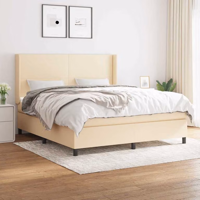 vidaXL Letto con Giroletto a Molle e Materasso Ibrido in Tessuto Beige e Bianco L/P: 160 x 200 cm
