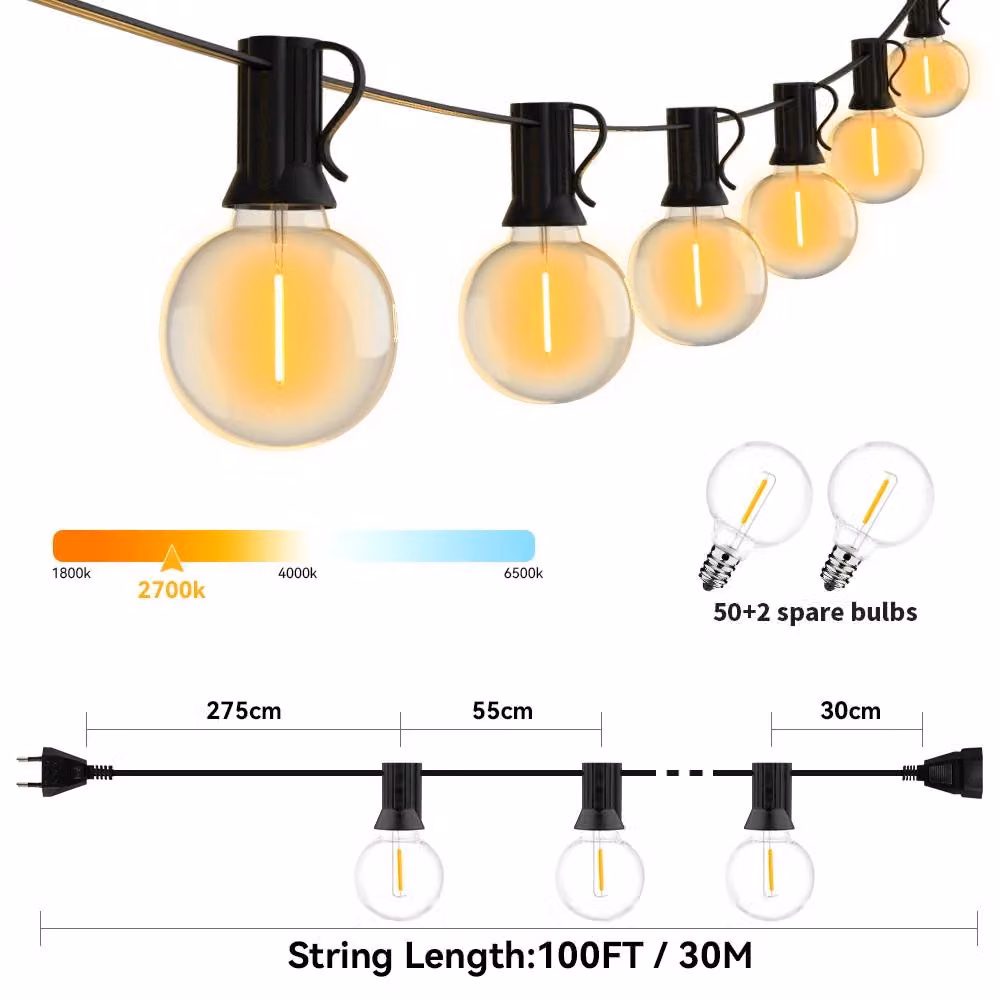 Catena luminosa per esterni - Catena LED G40 - 30,48 metri - 50 lampadine LED - Luce bianco caldo 2700 K - Lampadine a forma di sfera - Spina di tipo EU