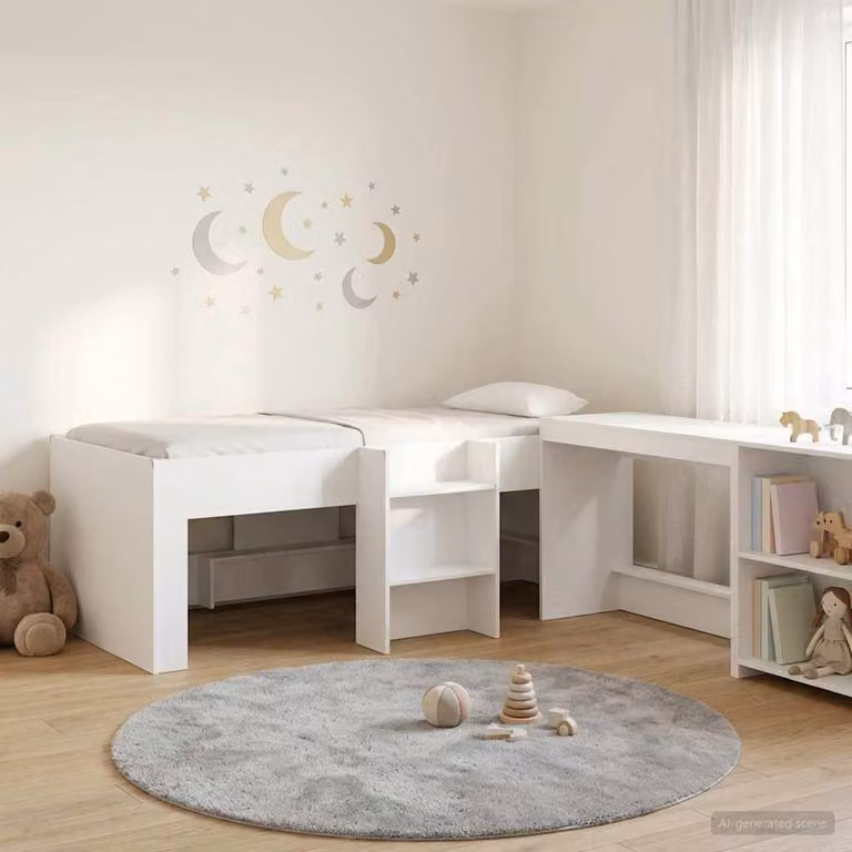 Letto a soppalco esclusivo con scrivania per bambini, confezione da 2 pezzi, bianco, realizzato in legno composito