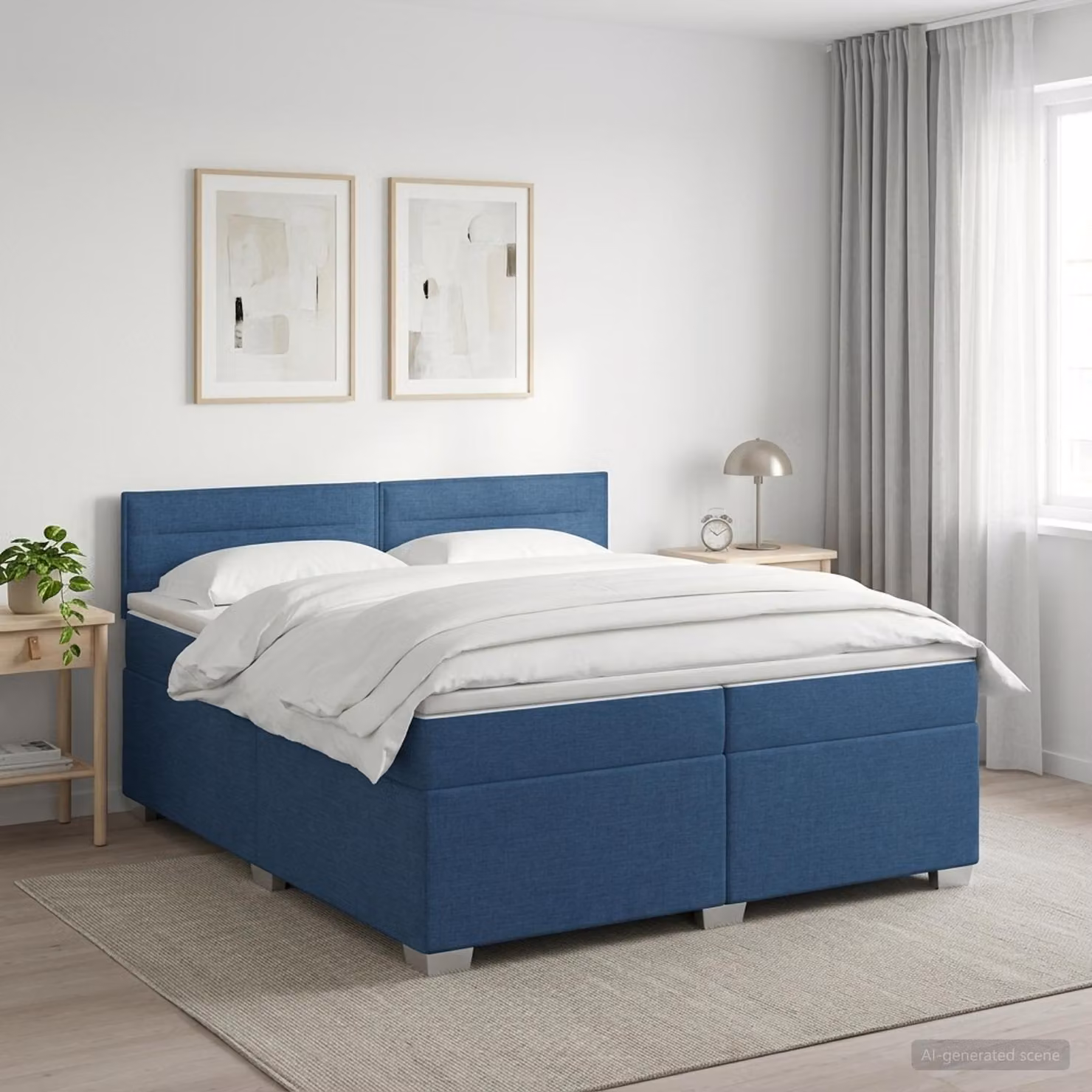 Letto box spring con materasso ibrido vidaXL in tessuto blu e bianco L/P: 200 x 200 cm