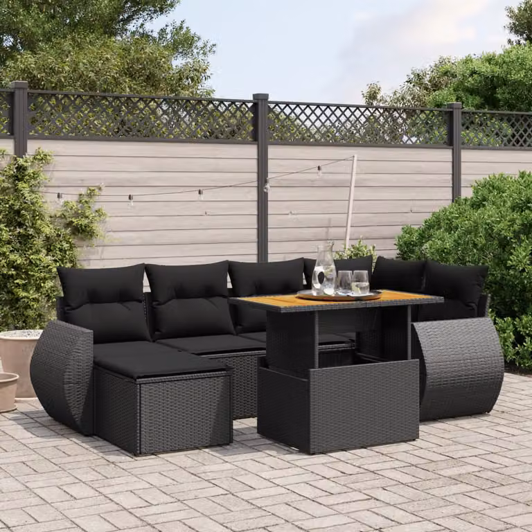 Set di Divani da Giardino vidaXL con 7 Pezzi e Cuscini, Design Moderno in Polyrattan e Acciaio Nero per Terrazza e Giardino