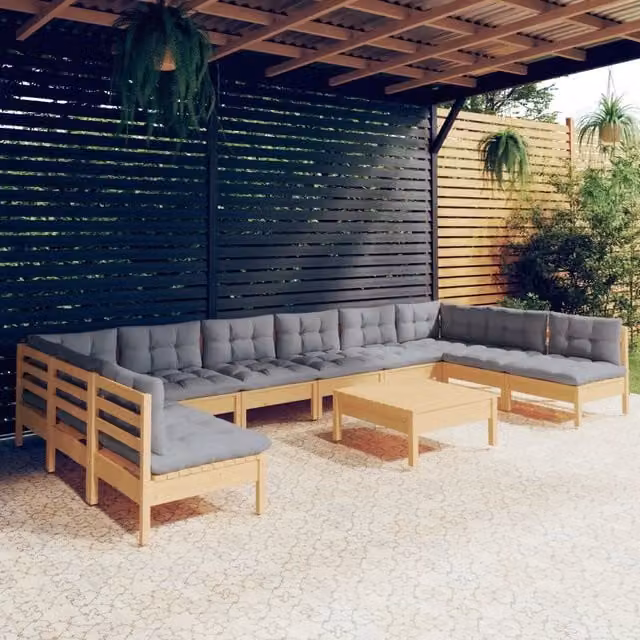 Set Divani da Giardino 11 pz con Cuscini Grigi Massello di Pino 3097192
