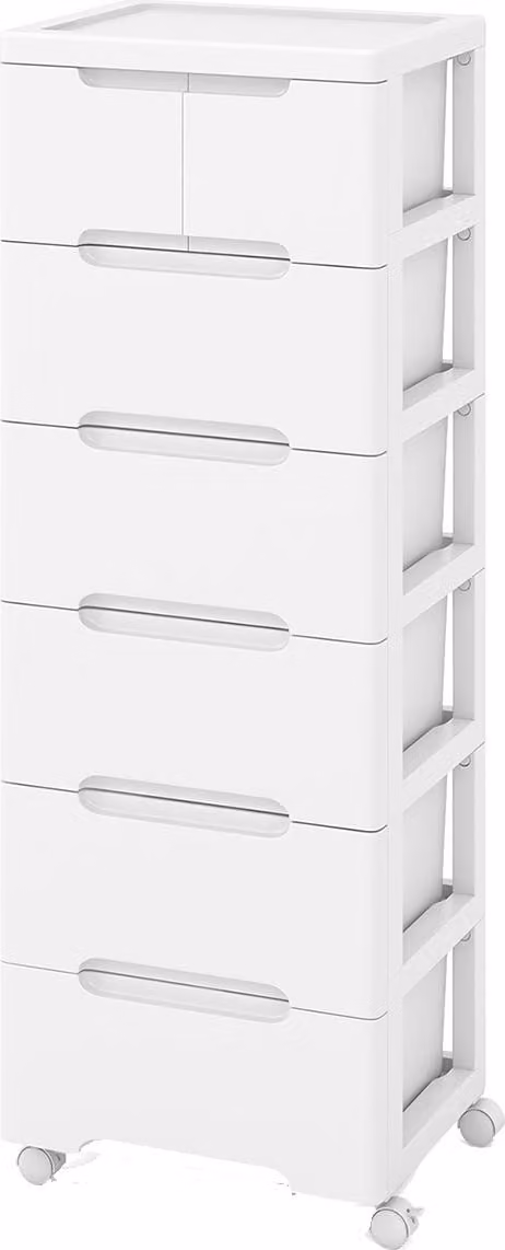 Cassettiera a 6 cassetti, mobile con 4 ruote e cassetti di varie dimensioni, con maniglie incassate, bianco