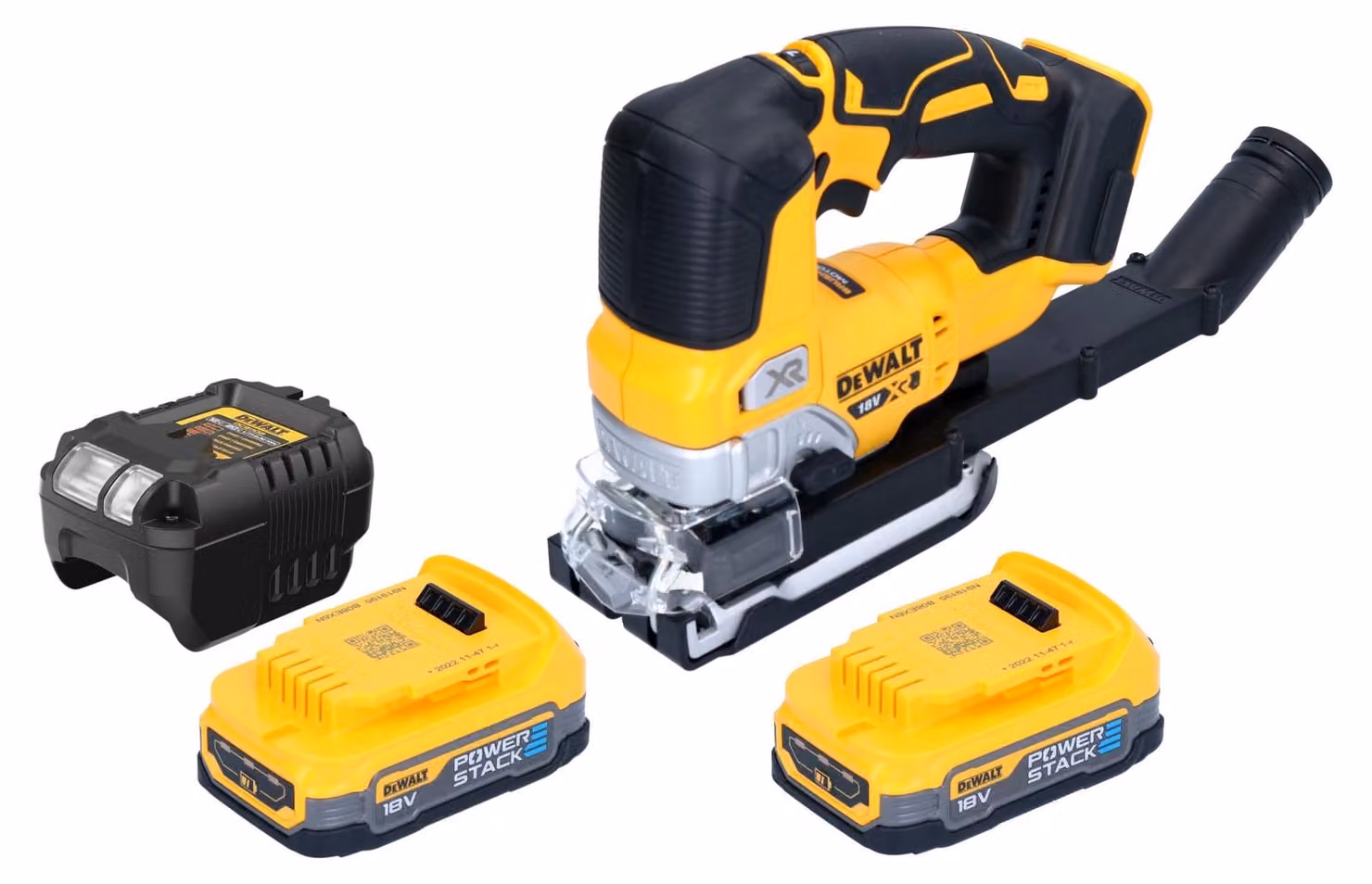 Seghetto alternativo a batteria DeWalt DCS 334 E2 18 V senza spazzole + 2x batteria Powerstack 1,7 Ah + caricabatterie