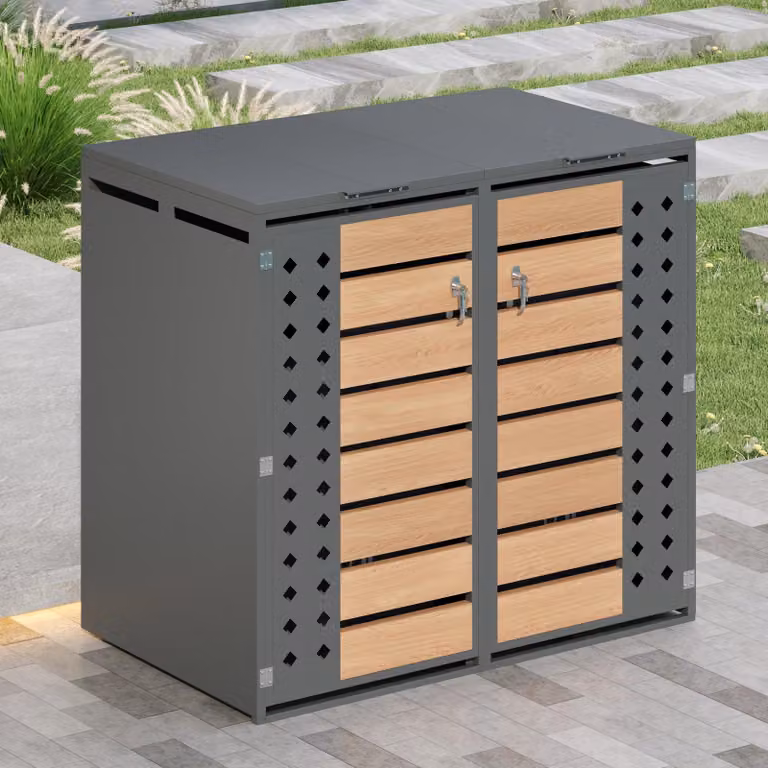Flieks Box per bidoni della spazzatura 1st, armadietto per bidoni con coperchio ribaltabile, copertura per bidoni con serratura per 2 bidoni da 120–240 L, 132x80x118,5 cm, grigio
