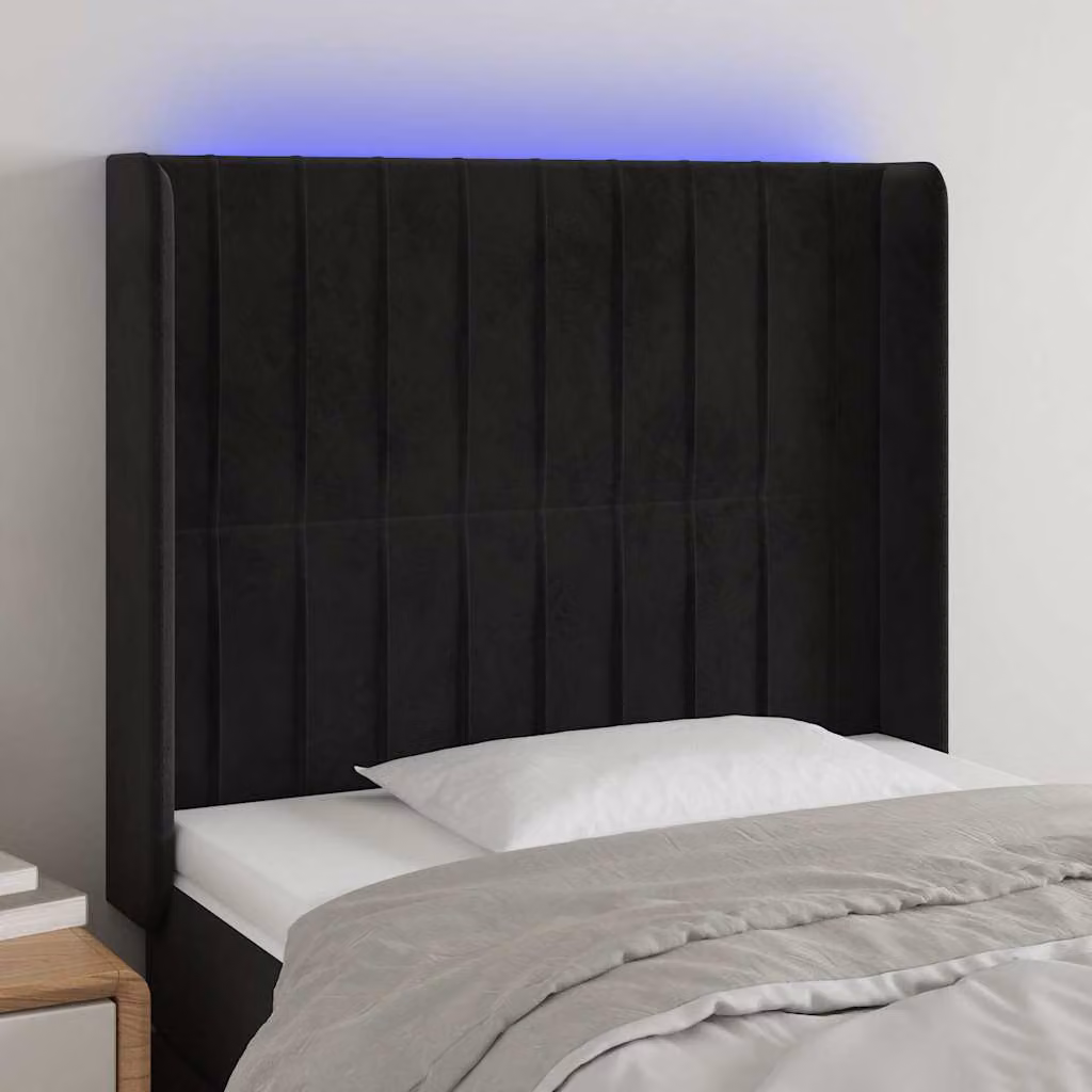 Testiera per letto vidaXL in velluto nero con illuminazione LED e porta USB, L: 83 cm, P: 16 cm, H: 118/128 cm