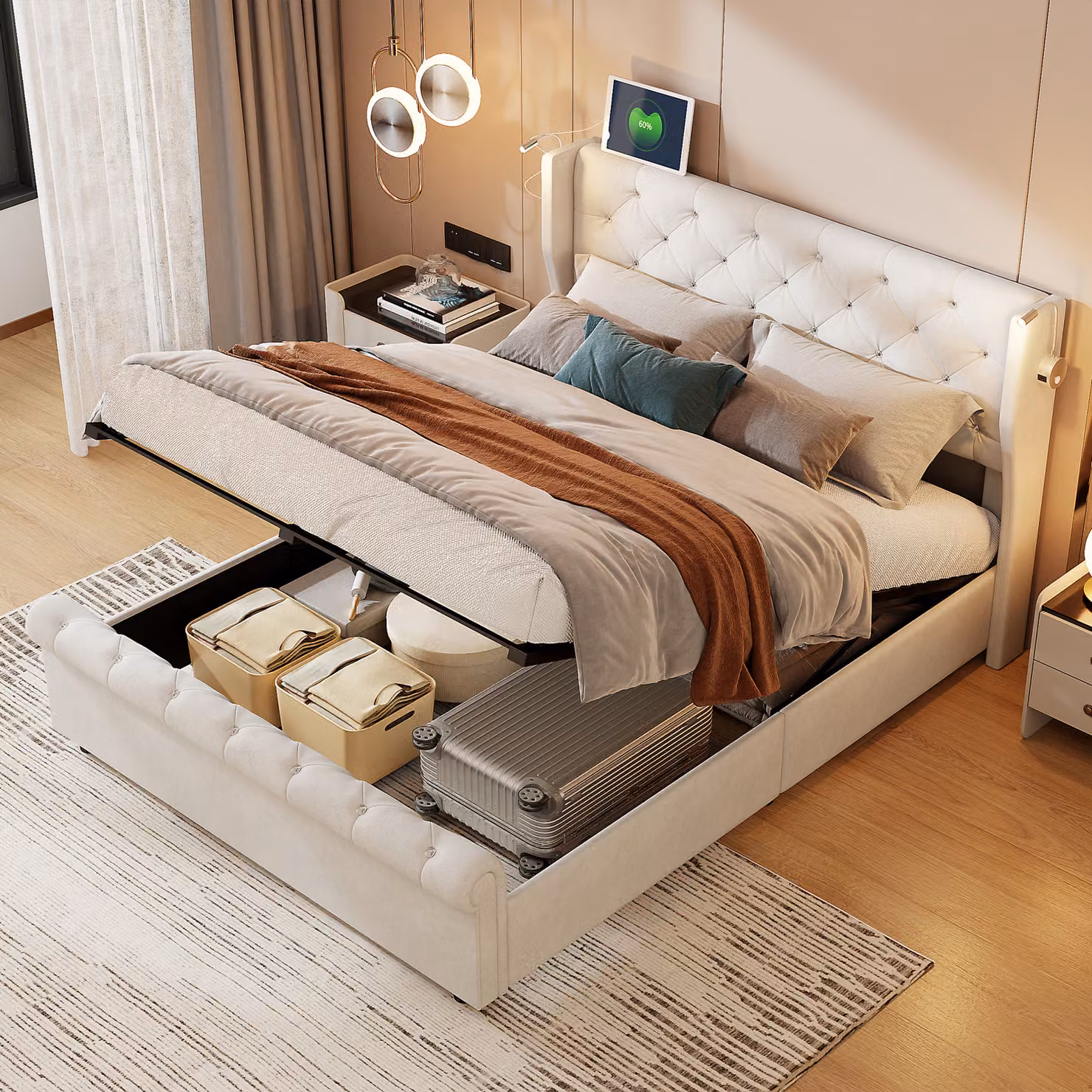Letto imbottito Fortuna Lai 160x200 cm, letto matrimoniale con rete a doghe e giroletto, testata, letto contenitore per adulti, beige