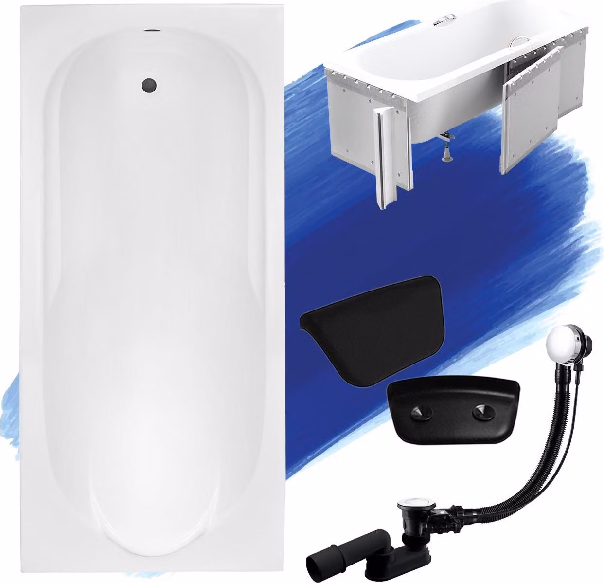 Set da bagno rettangolare 5in1 190x80 con set di scarico premium e piedini GRATUITI + rivestimento (polistirolo) + poggiatesta nero | BADLAND BONA
