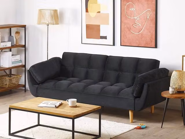 Divano Letto Click Clack Beliani in Velluto Nero con Gambe in Legno di Rubberwood e Imbottitura in Schiuma per Soggiorno L: 218 cm, P: 83 cm, H: 82 cm – 1