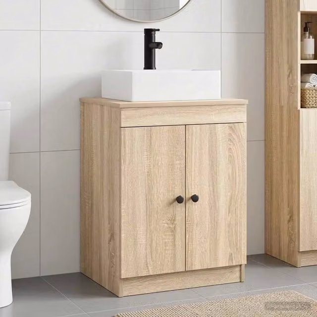 Set di mobili per il bagno moderno vidaXL in legno e MDF marrone con ante a battente e ripiani interni freestanding