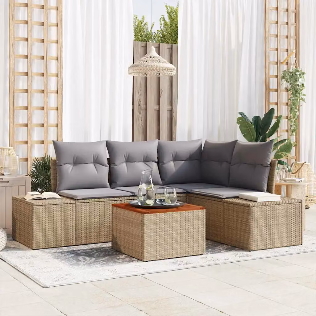 Set Divano da Giardino a L vidaXL 5 Pezzi con Tavolino in Polyrattan e Cuscini Beige e Grigio – 1