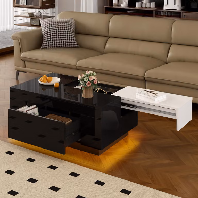 Tavolino allungabile STILVORA con illuminazione LED, tavolino da caffè con cassetto e spazio contenitivo, tavolino laterale con finitura lucida, nero e bianco