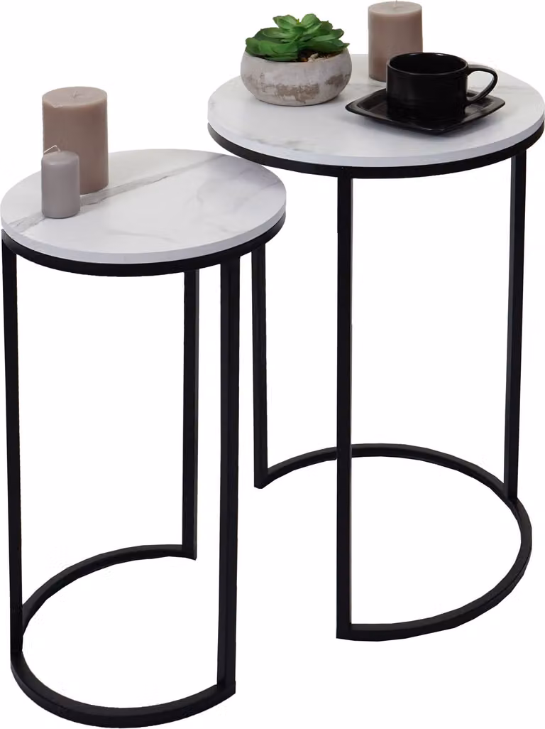 set di 2 tavolini HWC-K46, tavolino da caffè, tavolino da salotto, MDF effetto marmo ~ bianco-nero