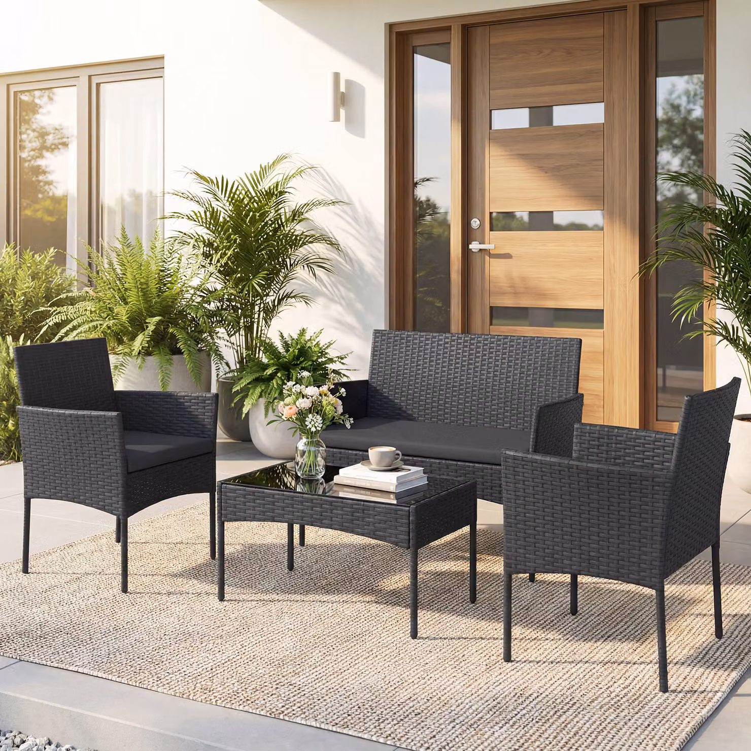 Set salotto da giardino Costway in rattan nero composto da 4 pezzi con divano, poltrone, tavolino in vetro e cuscini per esterno