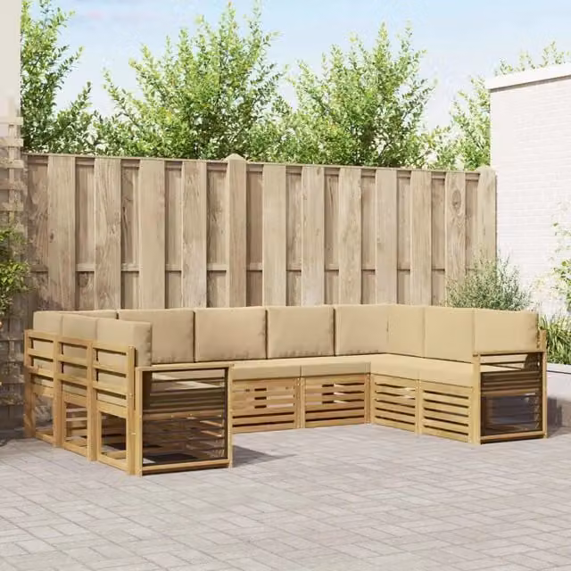 Set di divani da esterno a L vidaXL in legno di acacia con cuscini, Bianco e Beige – 1