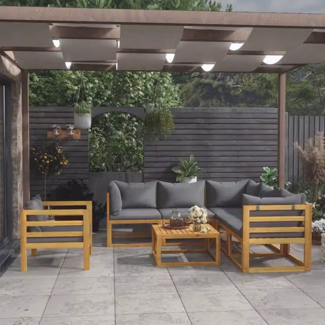 Set da giardino moderno vidaXL composto da 7 pezzi in legno massello di acacia con cuscini grigi e tavolino da esterno – 1