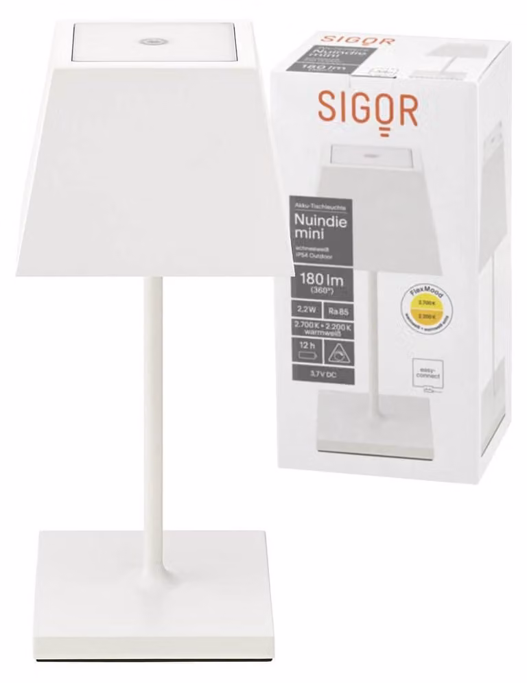 Sigor Nuindie Mini lampada da tavolo ricaricabile IP54 alluminio Easy Connect bianco neve angolare