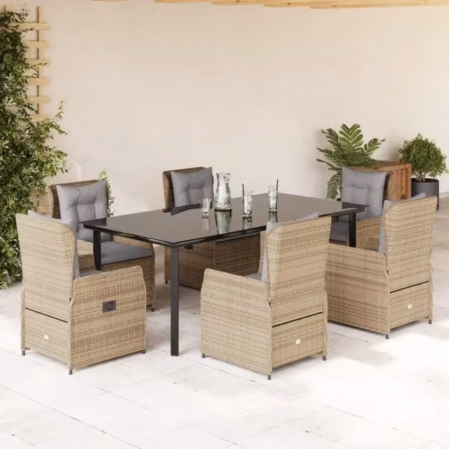 Set da pranzo da giardino vidaXL in polyrattan con tavolo in vetro e 7 pezzi con cuscini beige