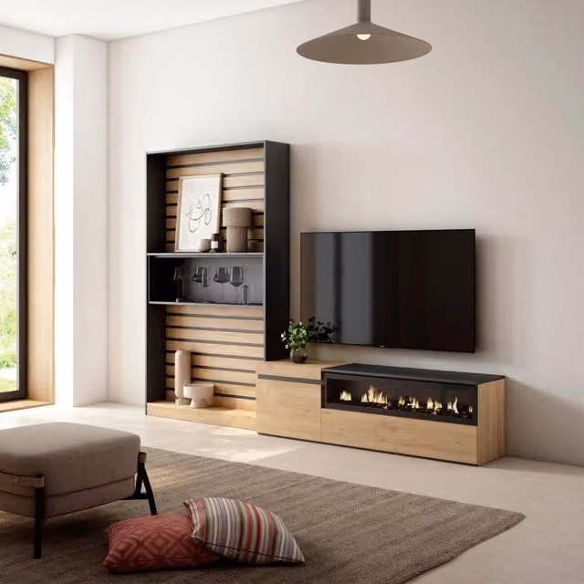 Mobile TV da soggiorno SKRAUT HOME con camino elettrico per TV fino a 65 pollici, colore Rovere e nero, L: 260 cm, P: 35 cm, H: 186 cm – 1